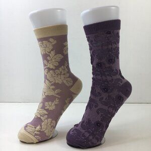 Set 2 Womens Floral Crew Socks Textured Paisley Ribbed Cuffs Purple Beige